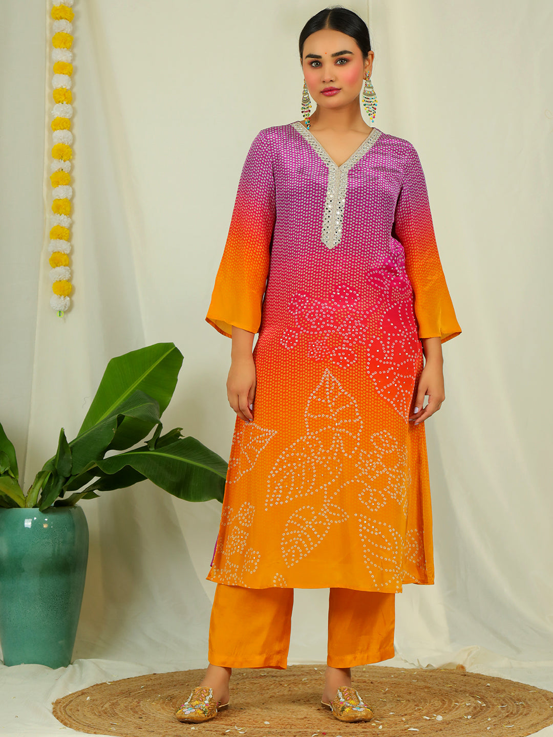 Ombre Natural Crepe Kurta Pant Set with Dupatta with Hand Work - Mustard & Purple