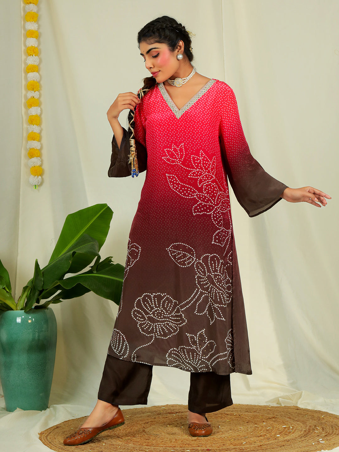 Black & Pink Ombre Bandhani Floral Print Natural Crepe Kurta Sets with Hand Embellishments