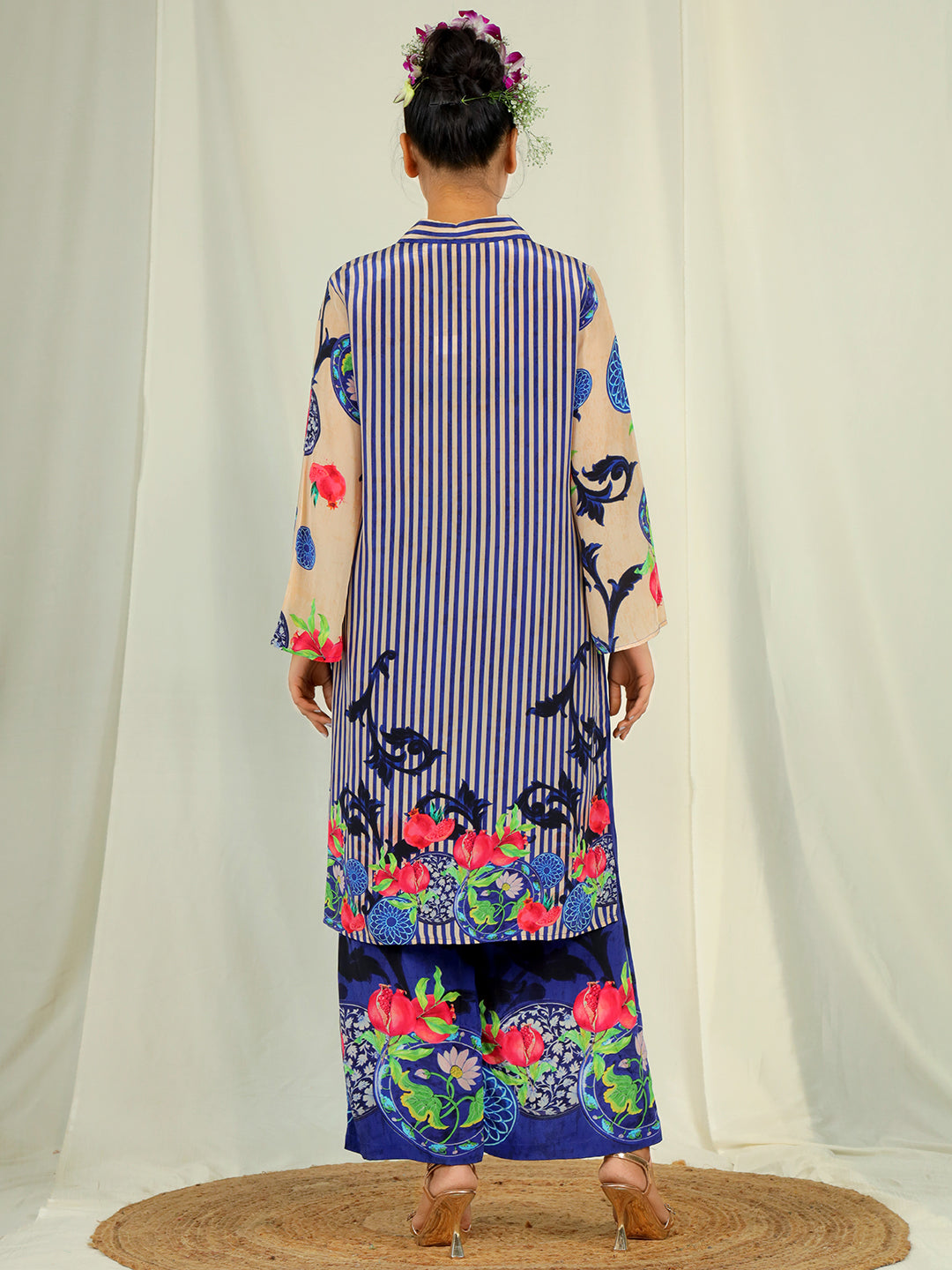 Pomegranate Print Co-Ord Set with Hand Work - Blue & Off White