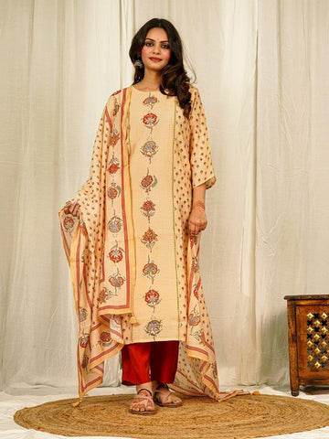 Graceful Cream Floral Chanderi Kurta Set with Sequins | Festive & Semi-Formal Wear
