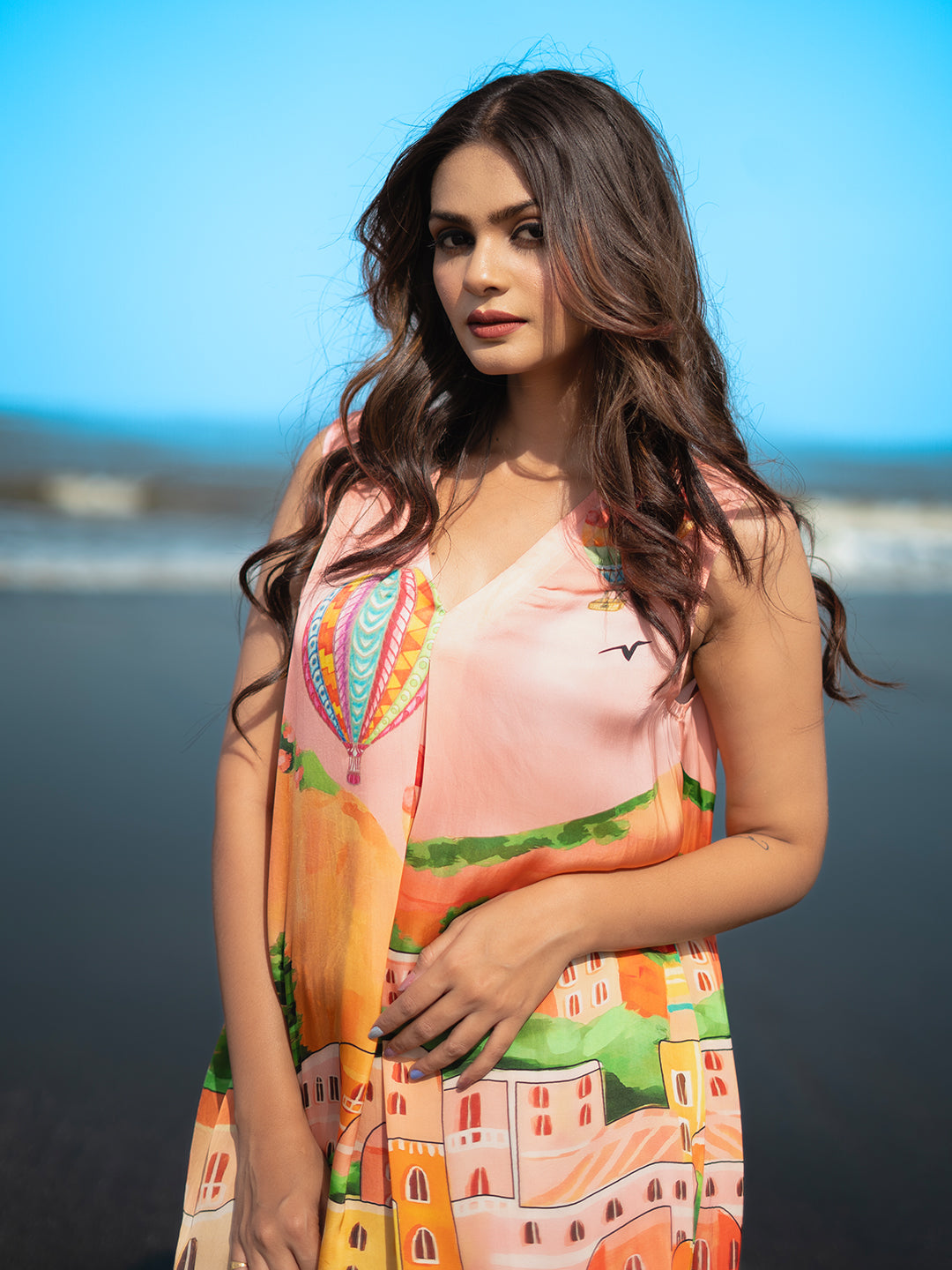 Peach color Architectural print Silky Satin V-Neck Sleeveless dress – Western Style