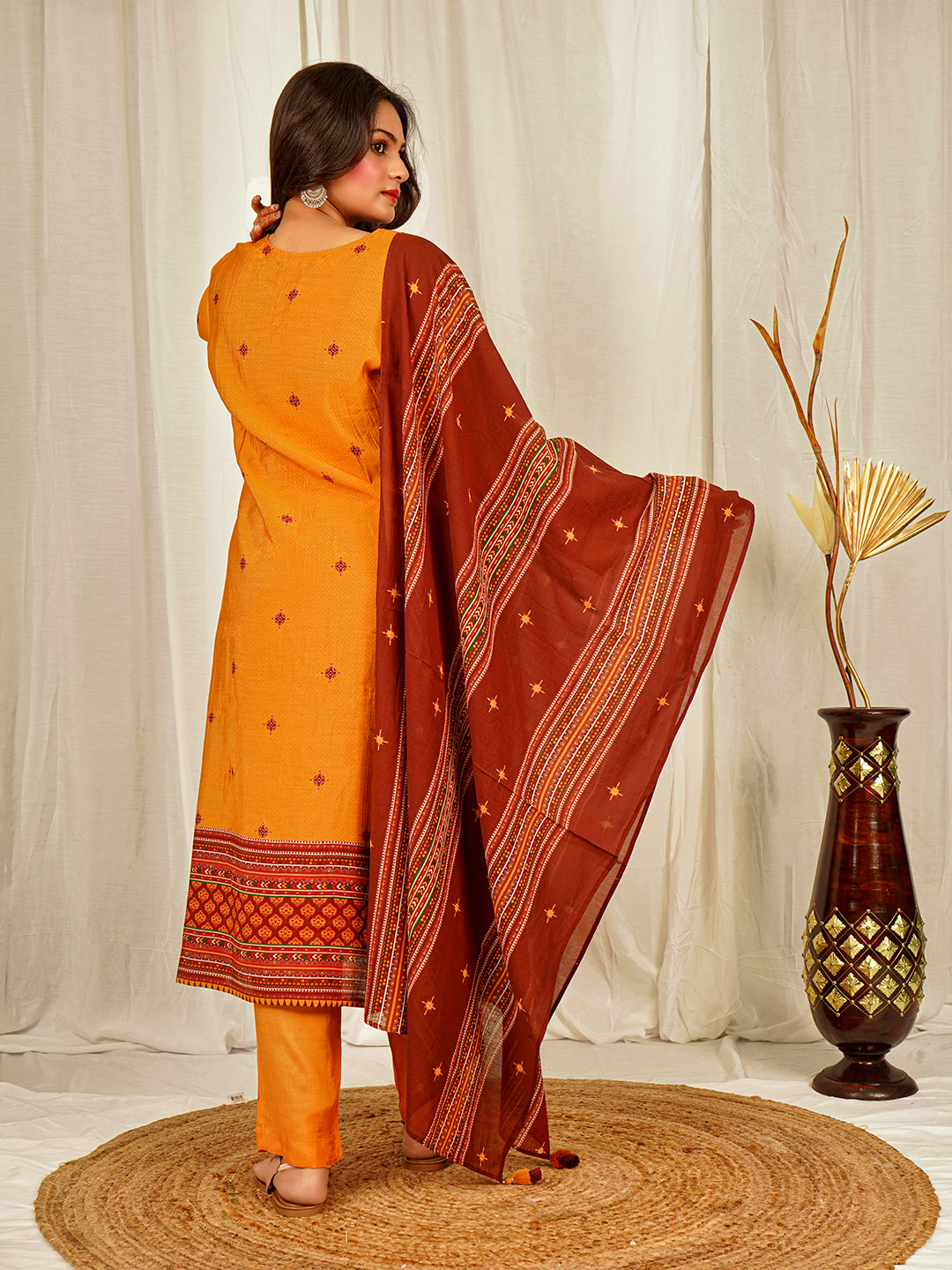 Orange Zig-Zag Print Chanderi Kurta Set with Hand Work | Festive Ethnic Wear