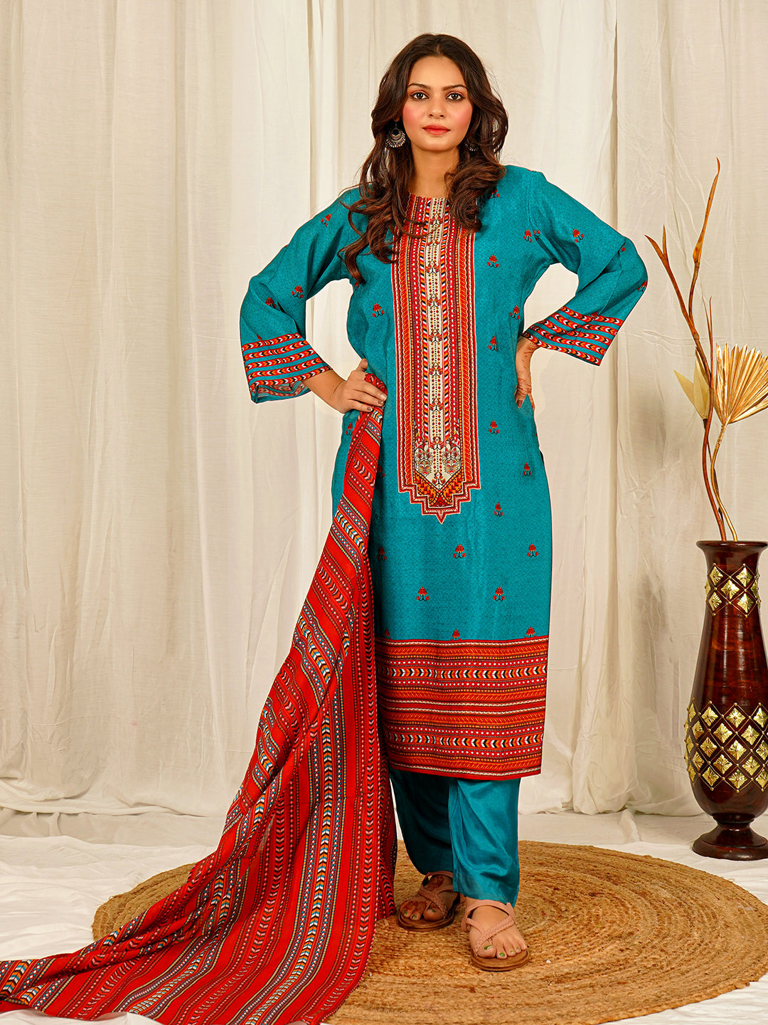Teal Blue Floral Print Chanderi Kurta Set with Hand Work | Festive Ethnic Wear