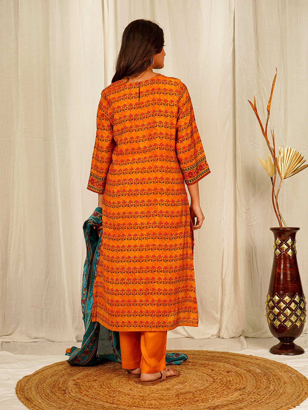 Flower Print Chanderi Kurta Pant Set Vibrant Orange for Haldi & Wedding Festivities