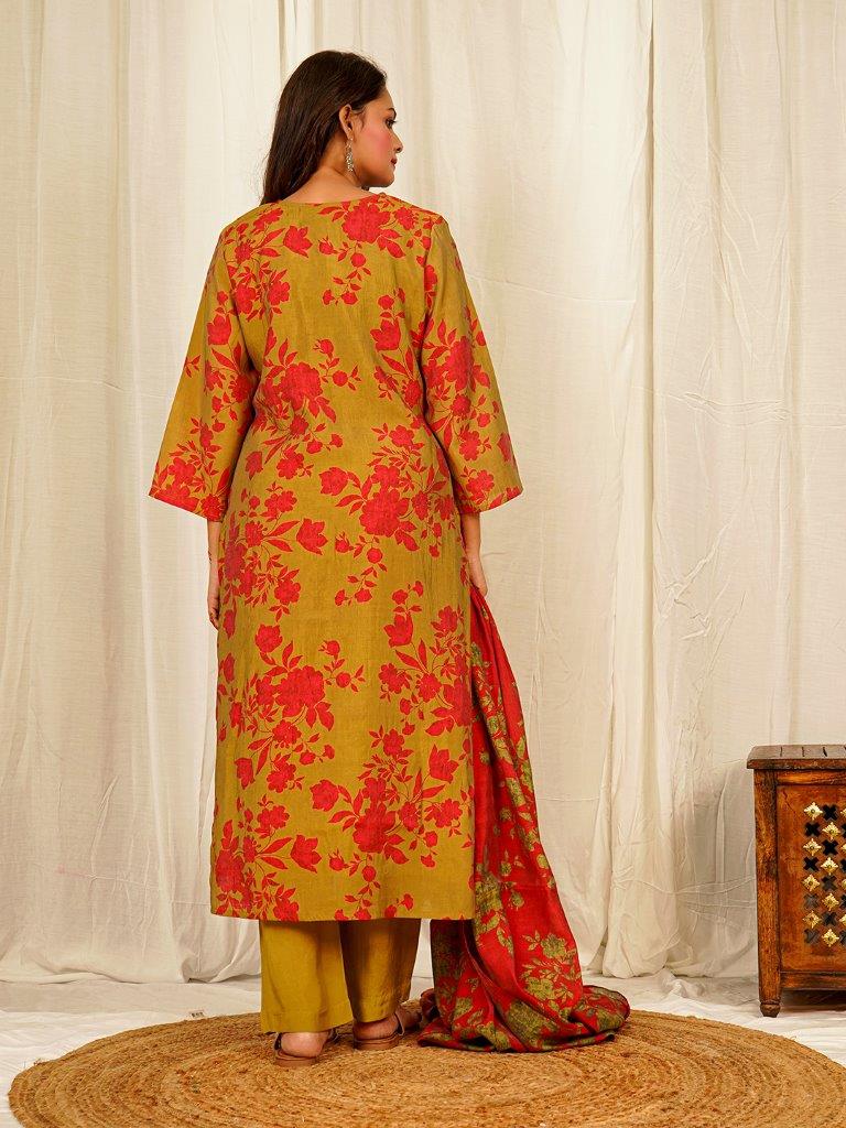 Floral Print Chanderi Kurta Pant Set with Dupatta with Lace on neck Line - Olive Green