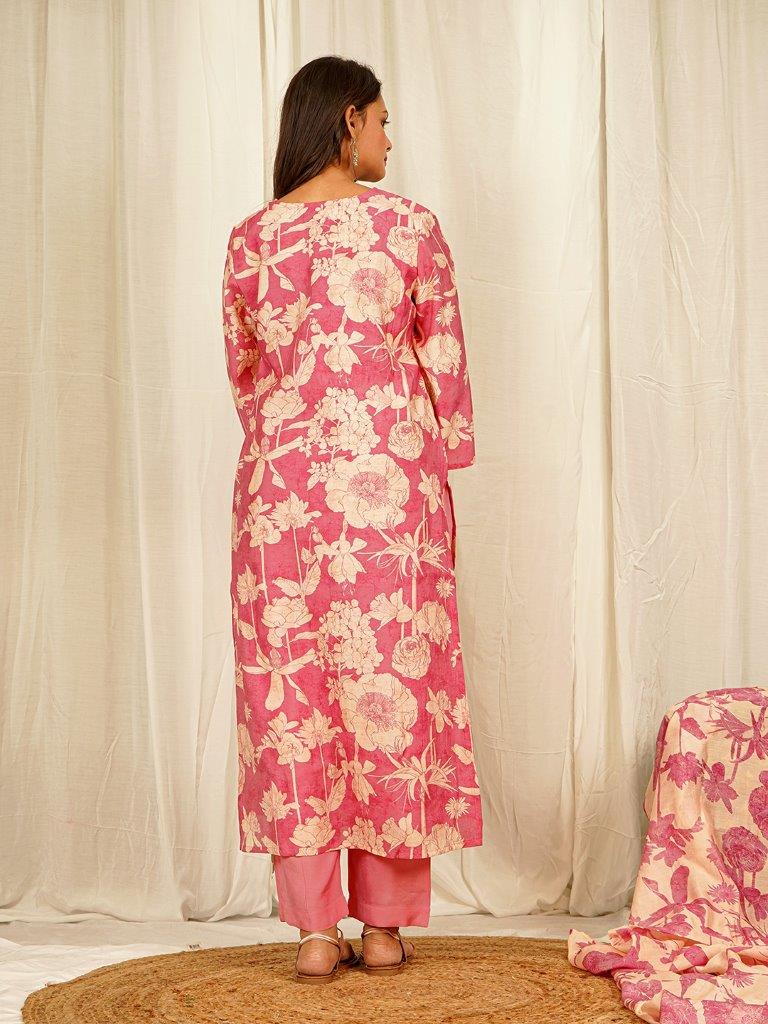 Floral Print Chanderi Kurta Pant Set with Dupatta with Thread work on Neck line - Pink