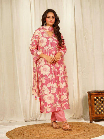 Floral Print Chanderi Kurta Pant Set with Dupatta with Thread work on Neck line - Pink