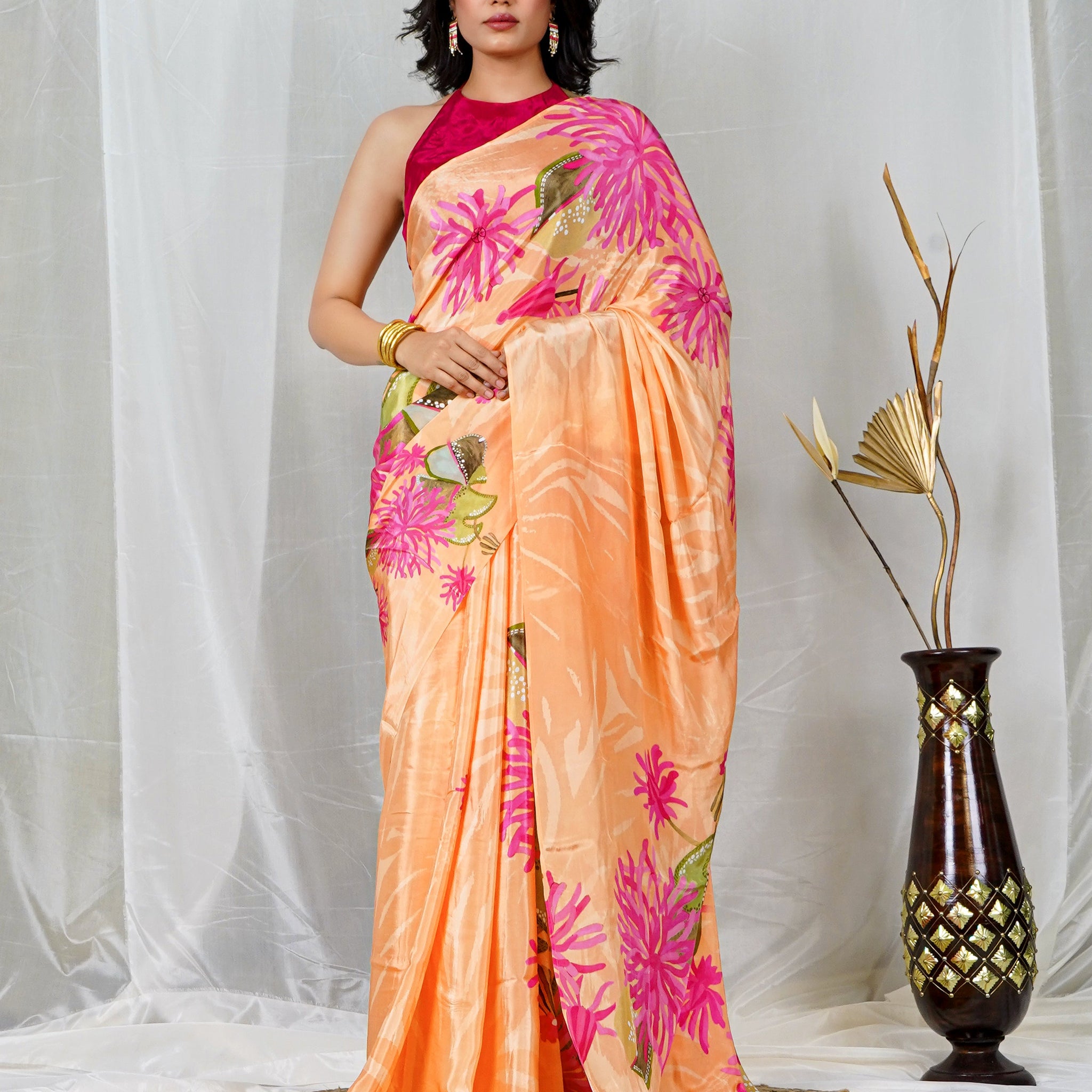 Soft Orange Natural Crepe Saree with Vibrant Multicolor Floral Prints