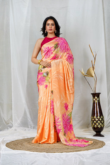 Soft Orange Natural Crepe Saree with Vibrant Multicolor Floral Prints
