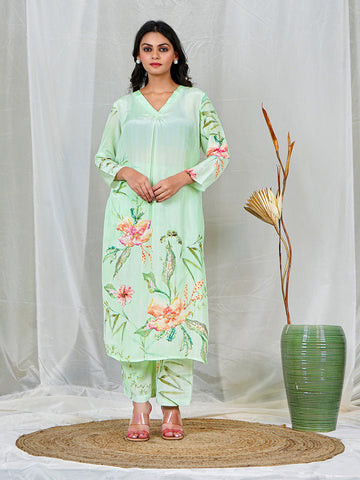 Pastel Green Natural Crepe Co-ord Set with pixelated floral prints
