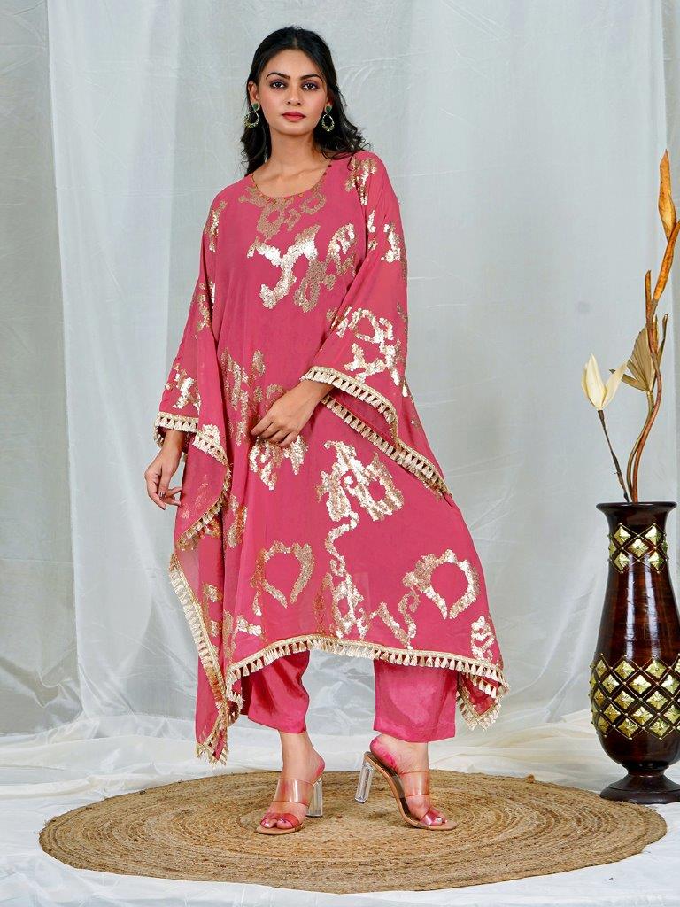 Dusty Pink Georgette Kaftan Set with Sequin Embroidery