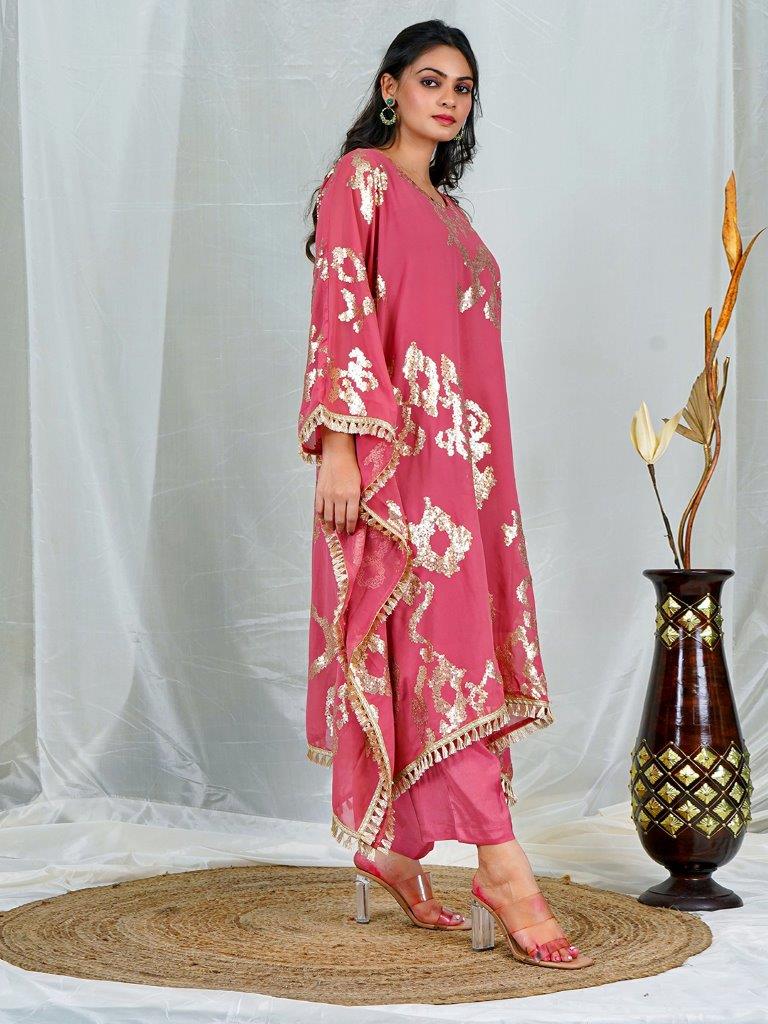 Dusty Pink Georgette Kaftan Set with Sequin Embroidery