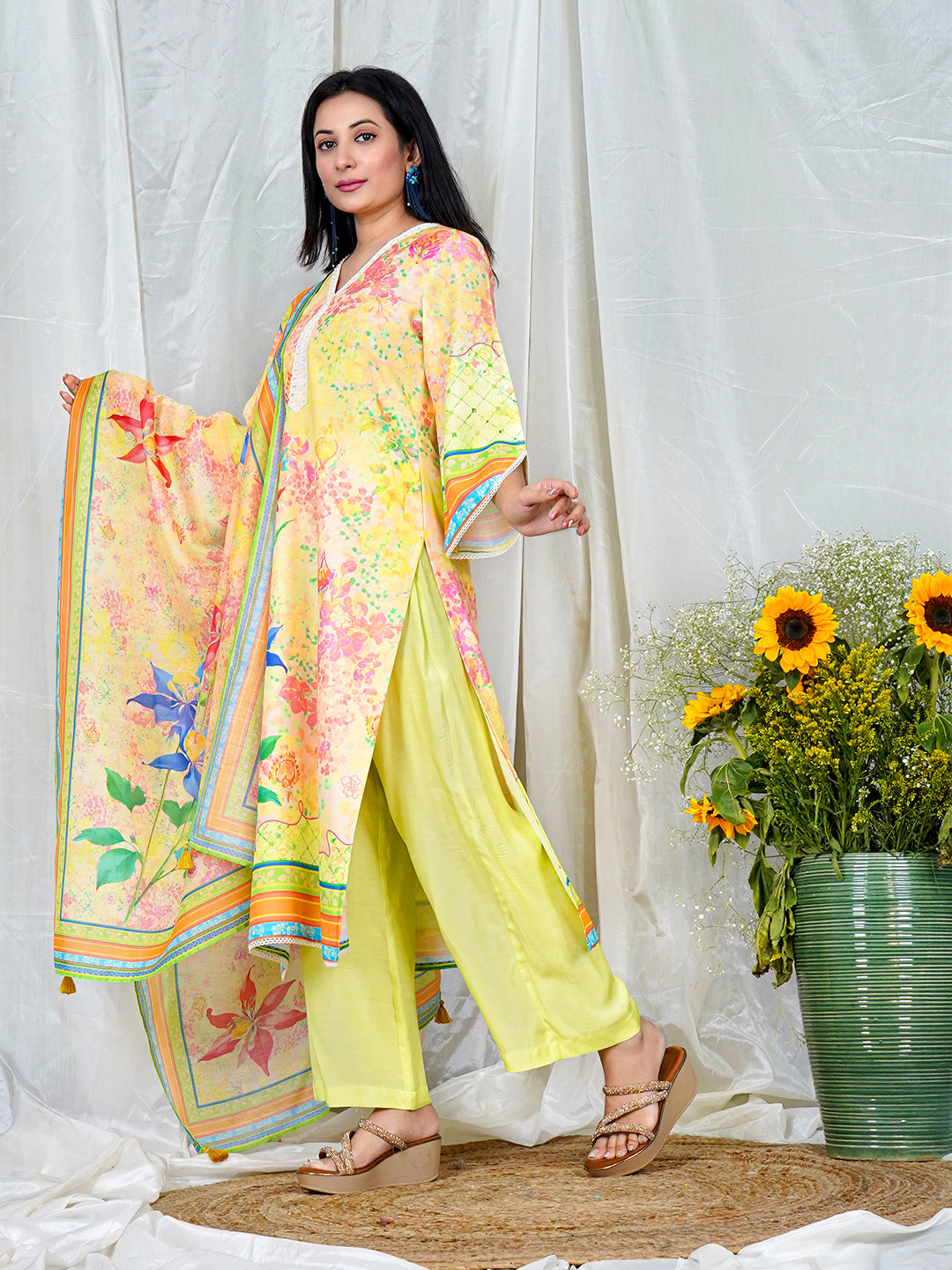 Sunny Yellow Floral Kurta Set with Lace Neckline & Colorful Dupatta