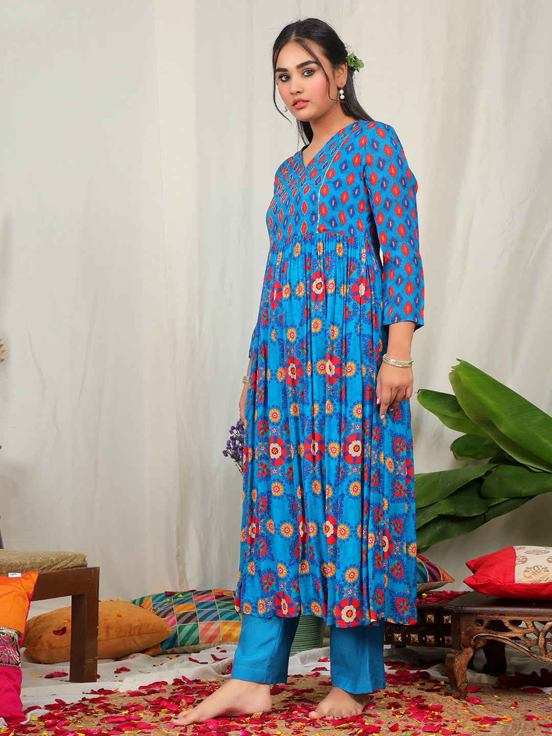 Blue color Suzani Print Chinon Anarkali sets with Hand Embellishments