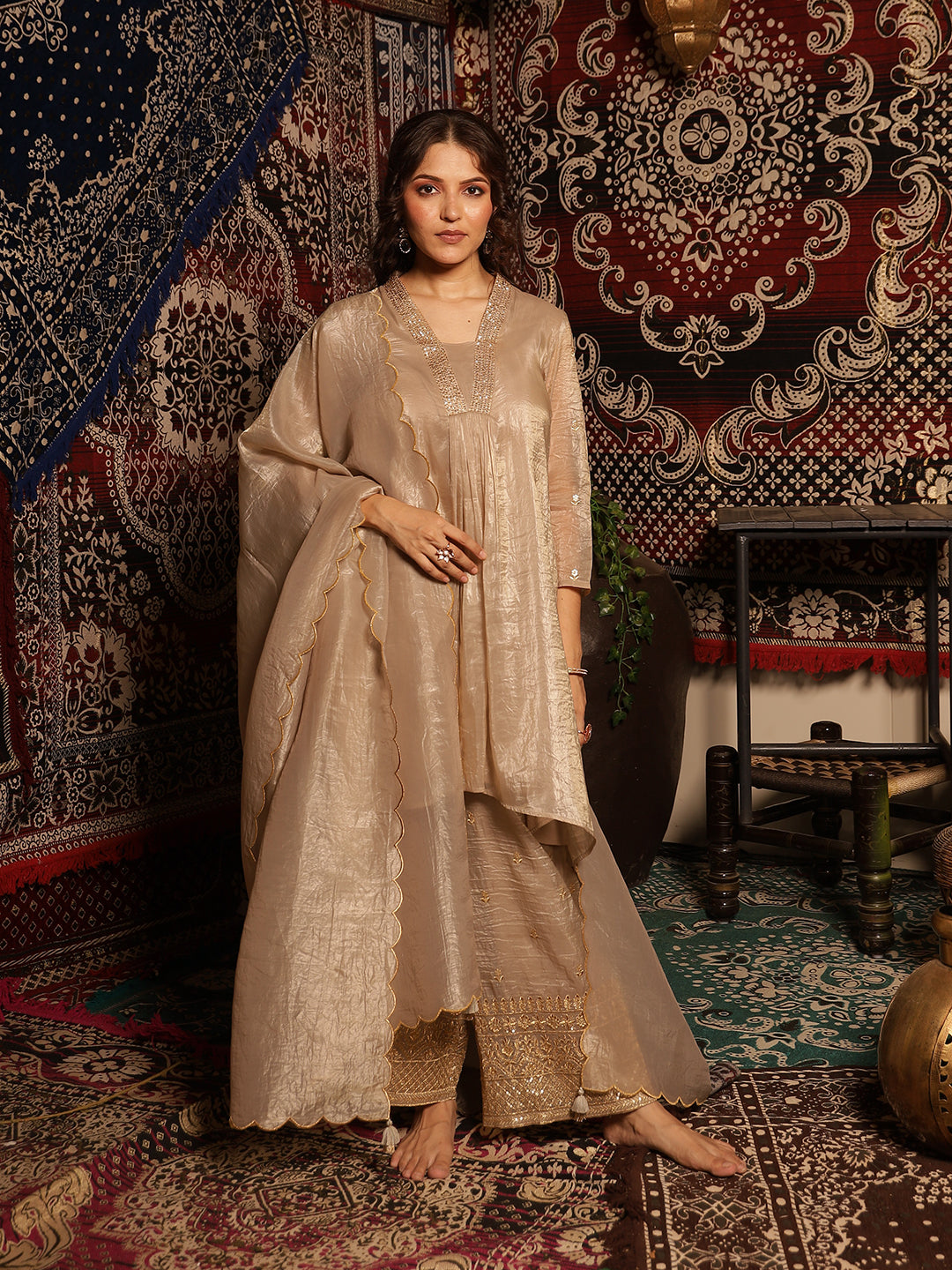 Graceful   Zari Embroidered A-Line Kurta Set with Tassel-Trimmed Scalloped Dupatta