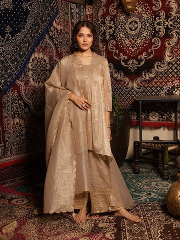Graceful   Zari Embroidered A-Line Kurta Set with Tassel-Trimmed Scalloped Dupatta