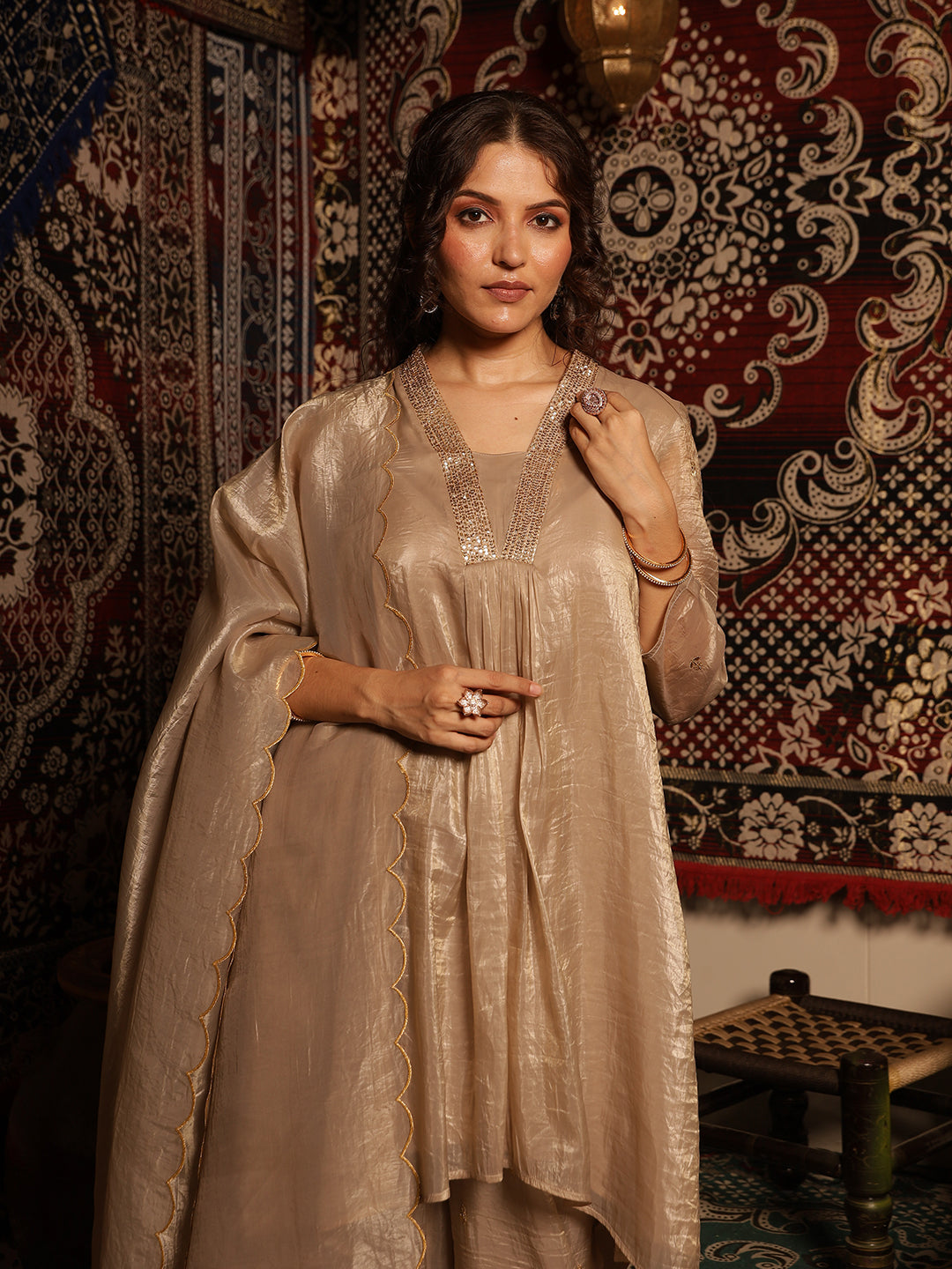 Graceful   Zari Embroidered A-Line Kurta Set with Tassel-Trimmed Scalloped Dupatta