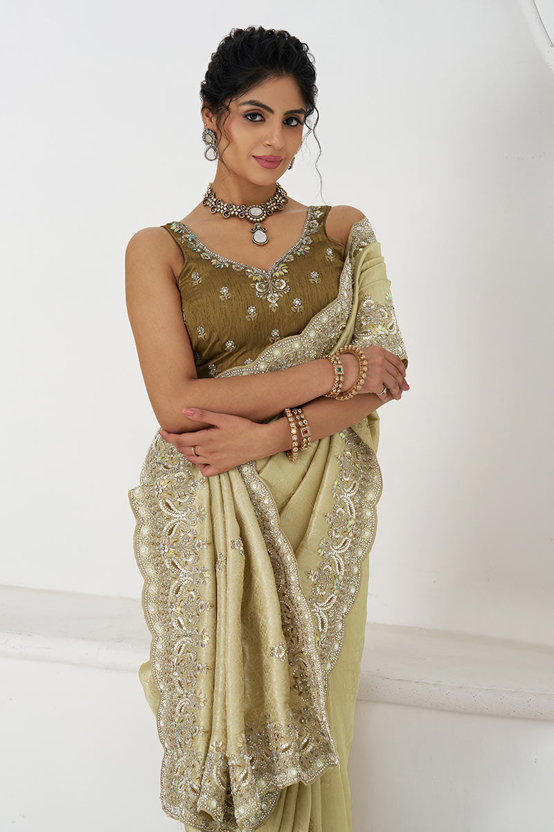 Champagne Chiku Silk Saree with Sequin Embroidery