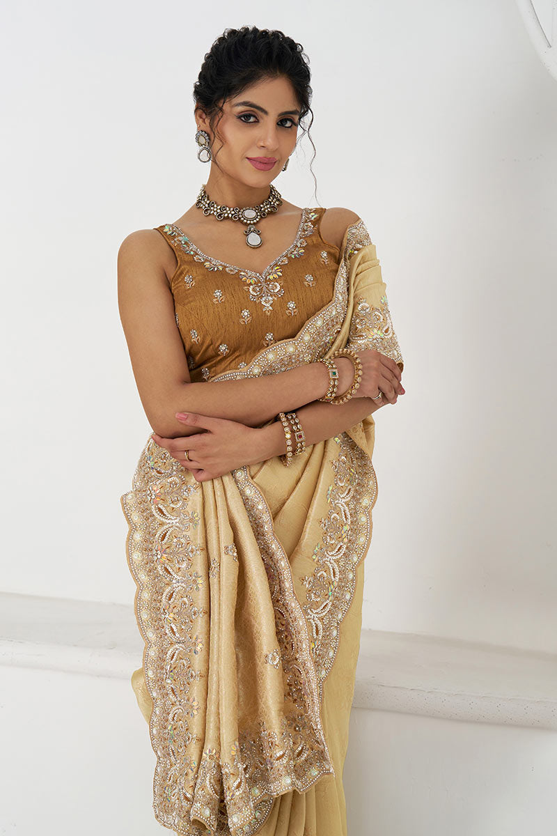 Golden Silk Saree with Sequin Embroidery for Brides