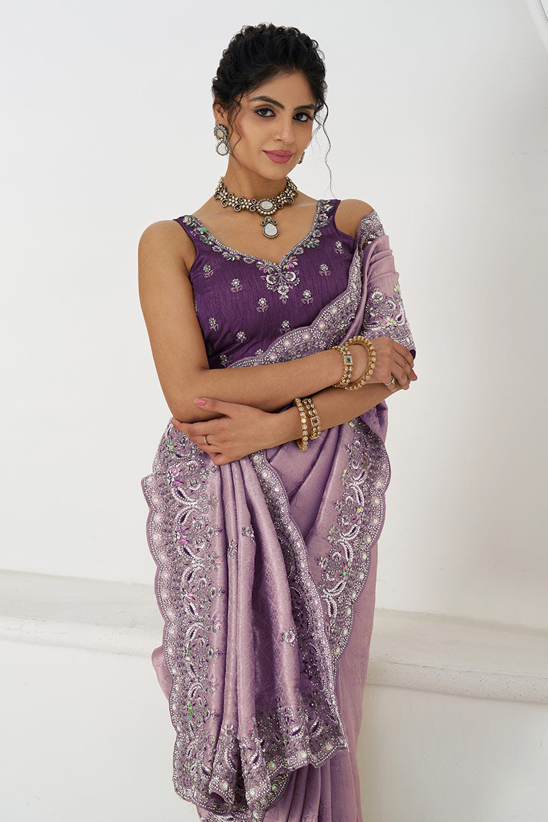 Mauve Silk Saree with Sequin Embroidery for Brides