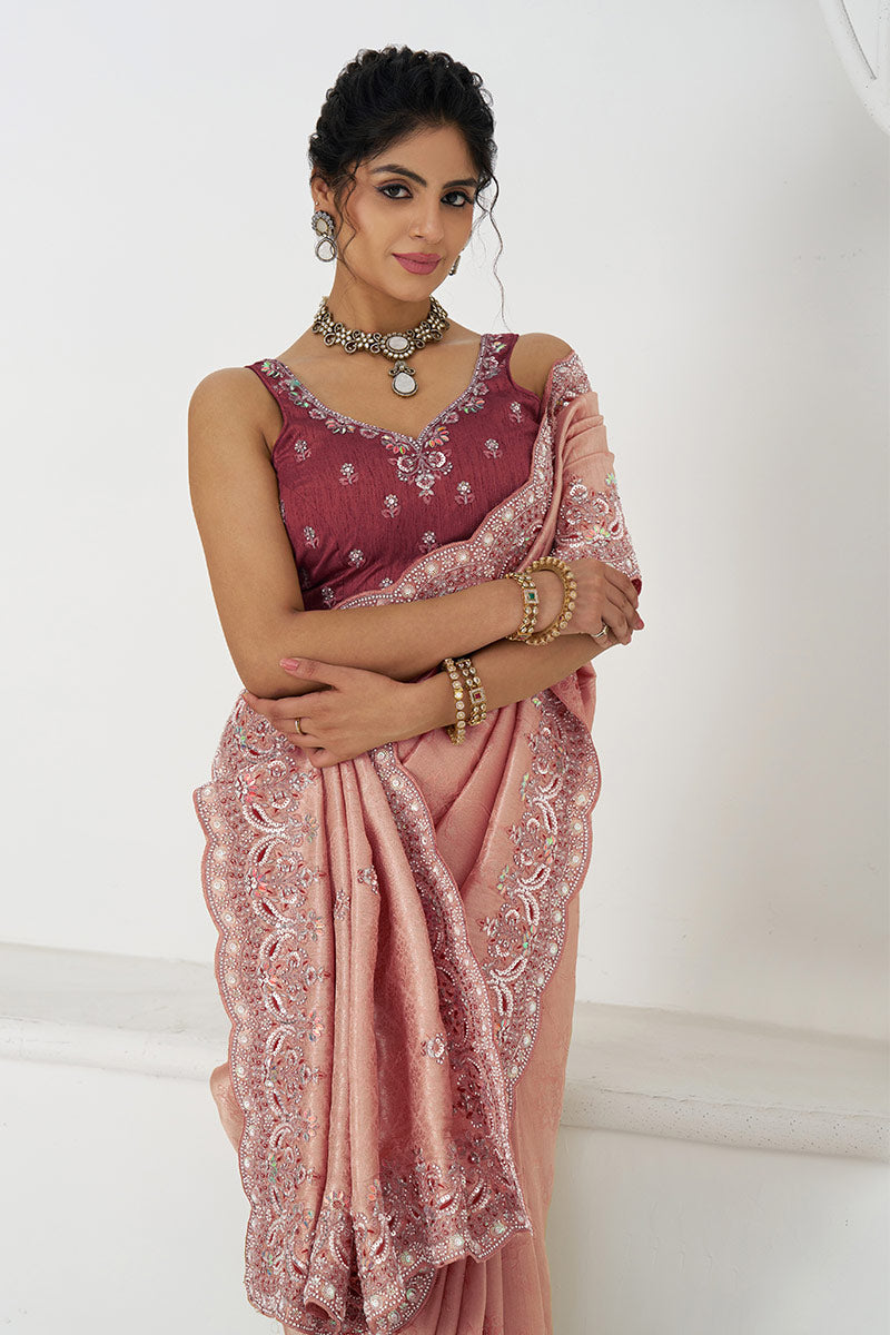 Pink Silk Saree with Sequin Embroidery for Brides
