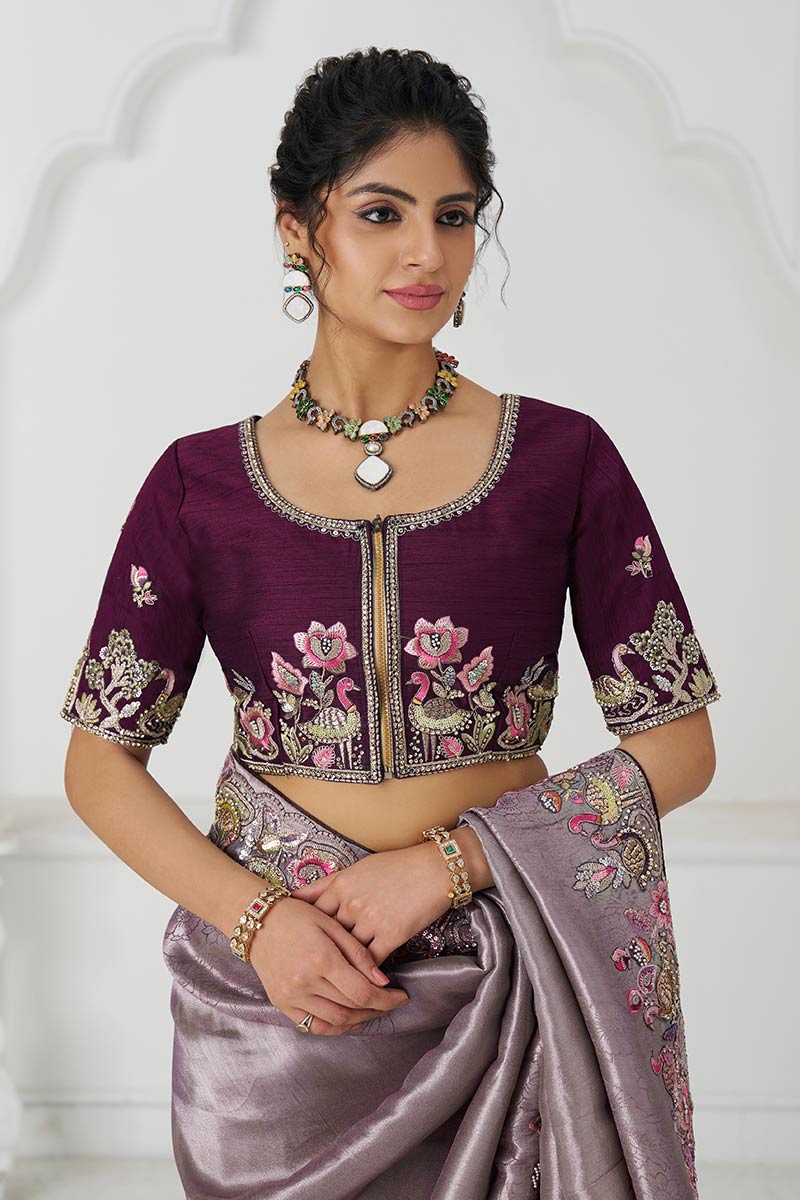 Elegant Mauve Saree with Multi-Thread Embroidery & Sequins Detailing