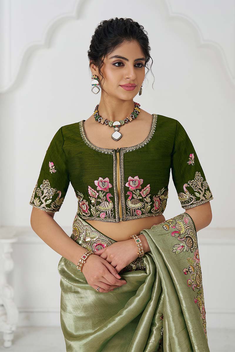 Mehendi Green Saree with Multi-Thread & Sequin Embroidery – Perfect for Weddings