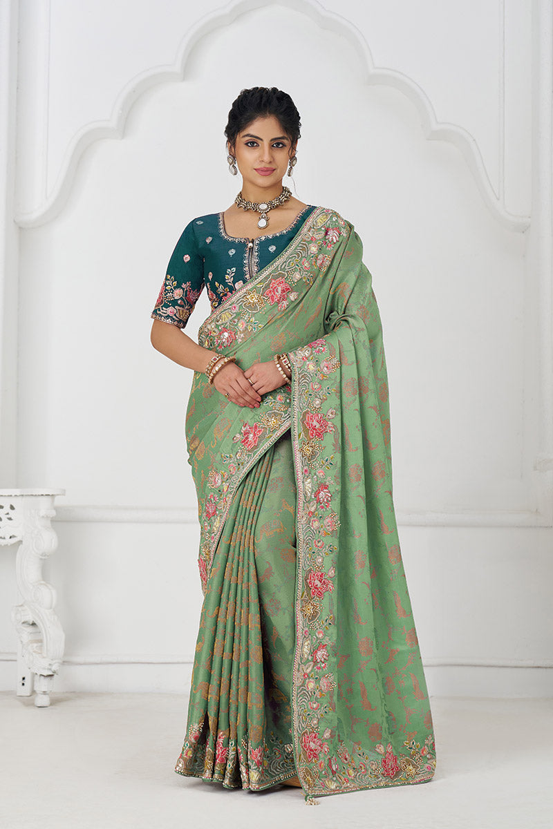 Grace in Green: Floral Elegance in Multi-Thread Embroidered Saree