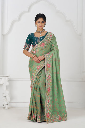 Grace in Green: Floral Elegance in Multi-Thread Embroidered Saree