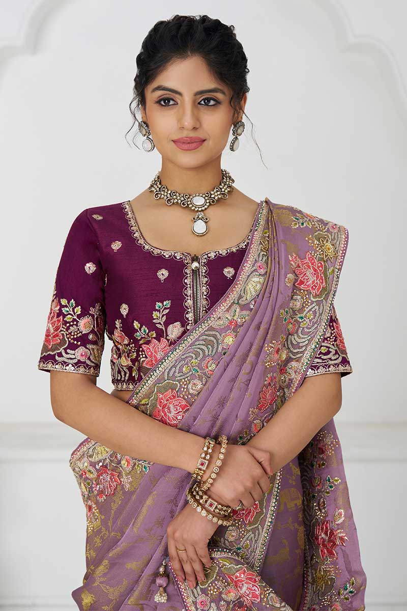 Bloom in Style:  Mauve with Vibrant Thread Work & Floral Motifs