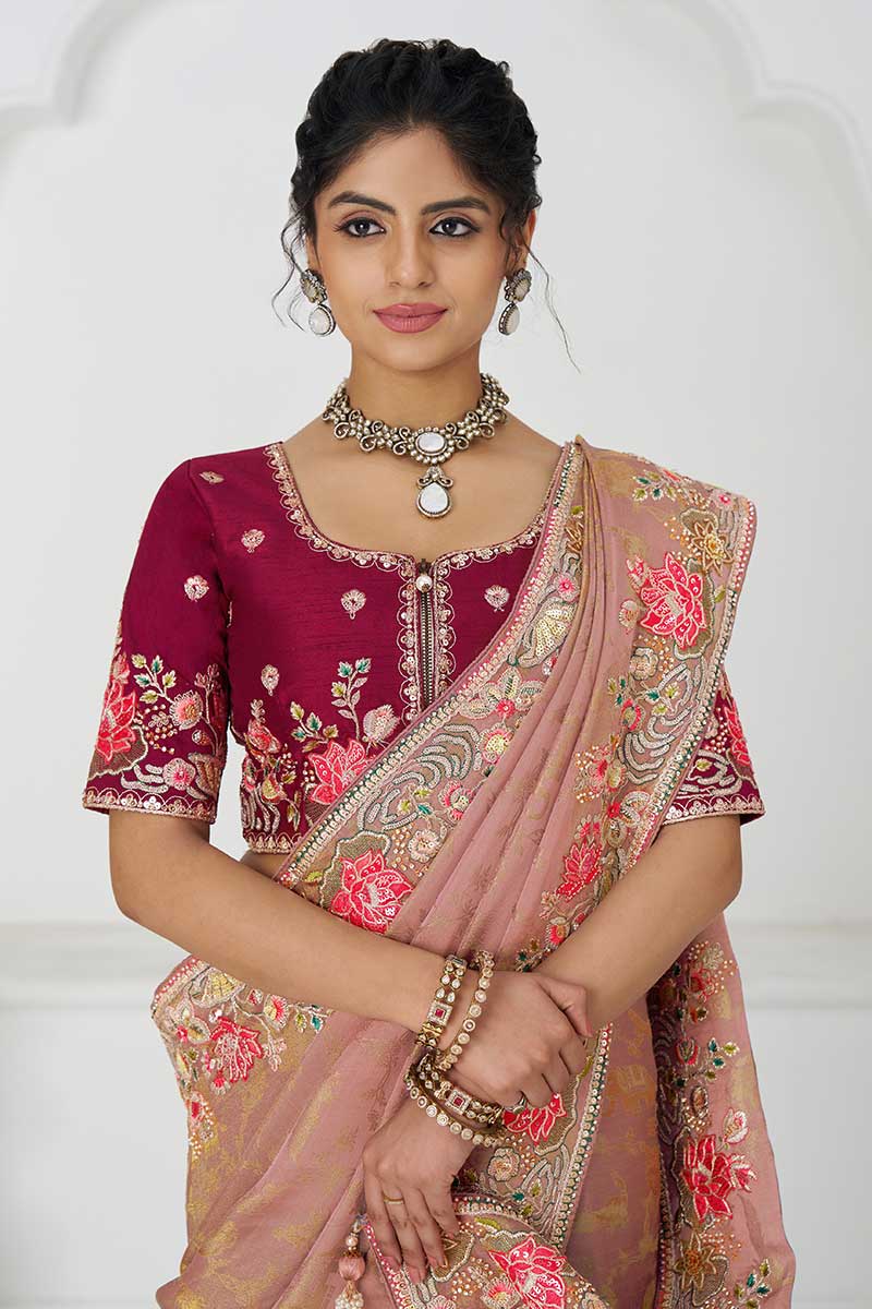 Pretty peach: Multicolor Embroidery with Blooming Floral Designs