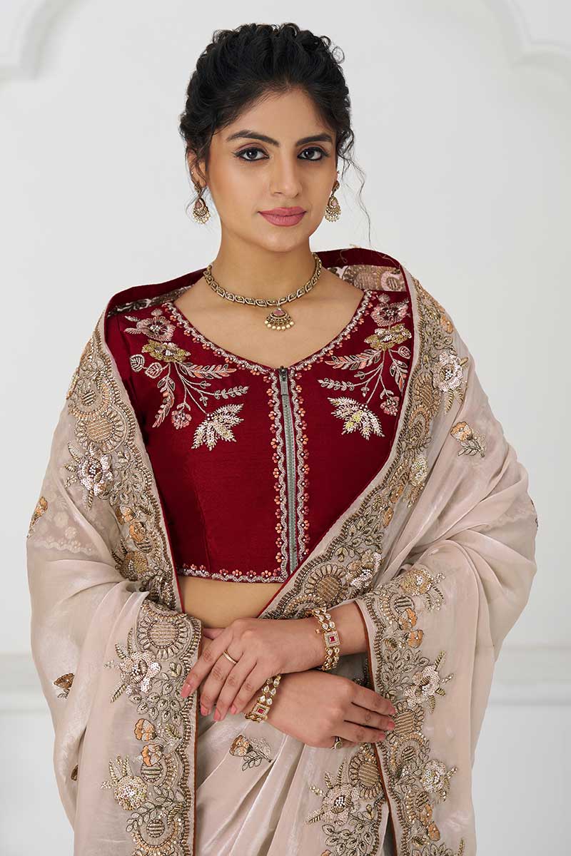 Pure Fendi Silk Saree in Chiku with Handcrafted Zari & Sequin Detailing