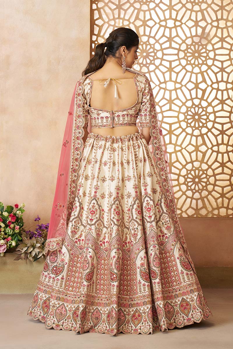 Whimiscal white Imperial Patterned Embroidered Bridal Lehenga