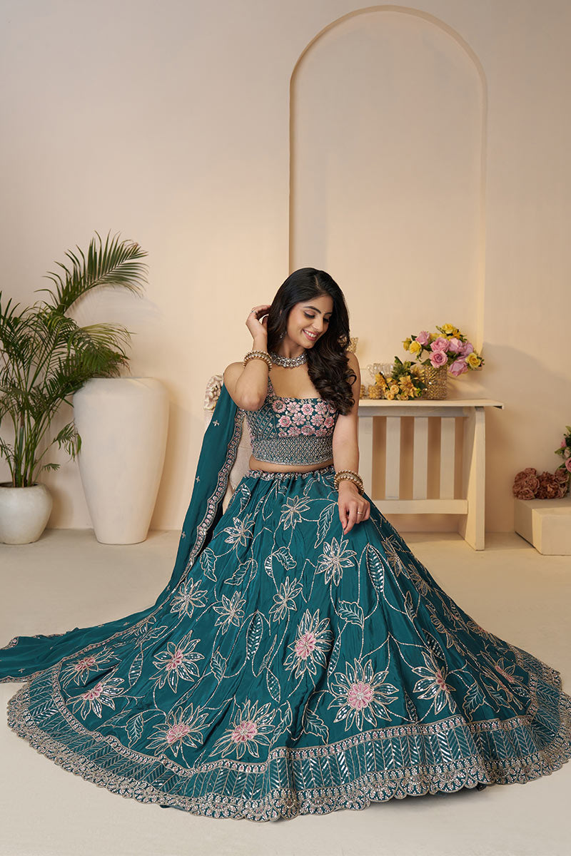 Blue Elegance: Bridesmaid Lehenga with Sequin Sparkle & Floral Embroidery