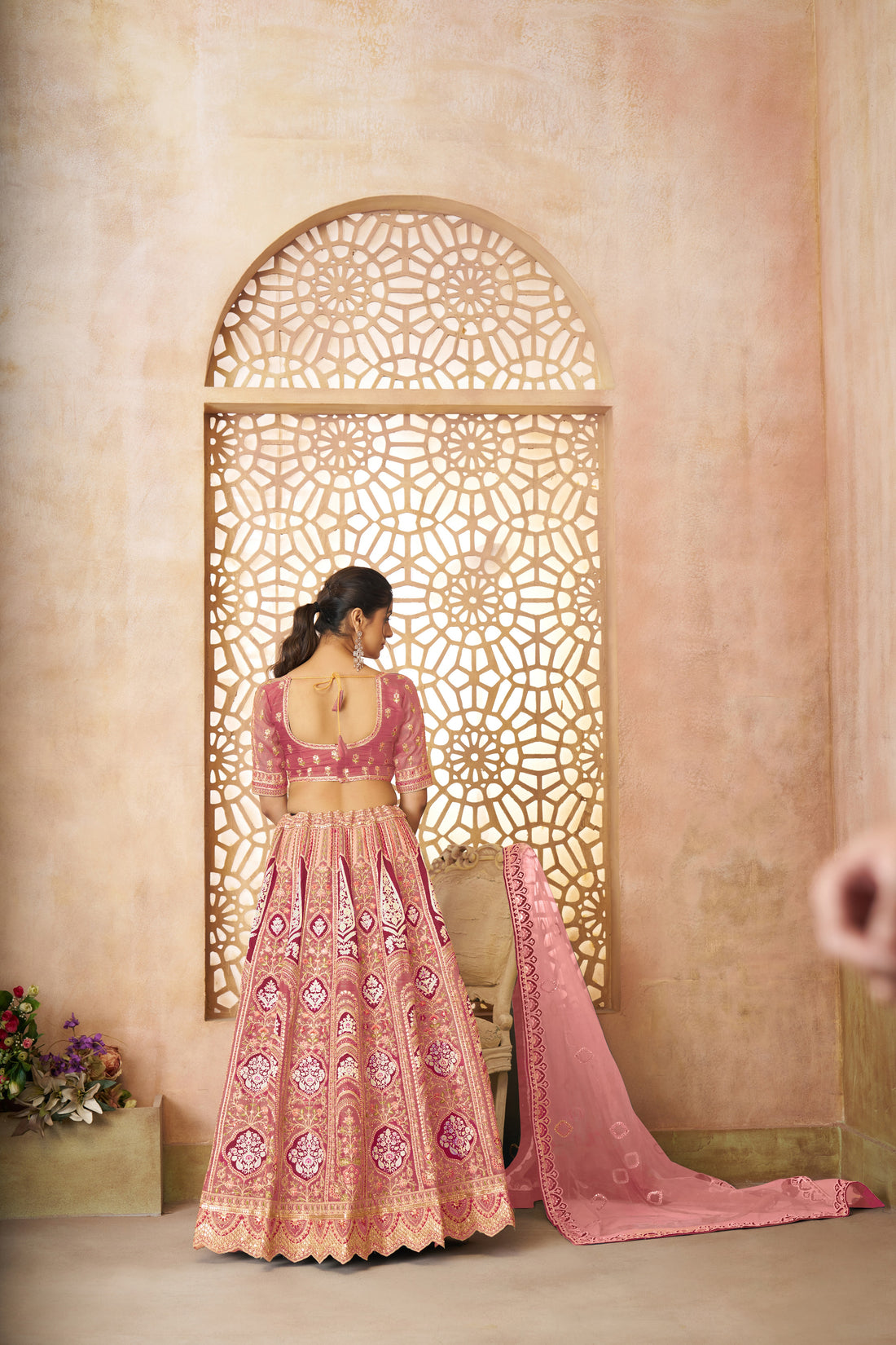 Pink Banarasi Aari Work Lehenga with Dupatta – Semi-Stitched