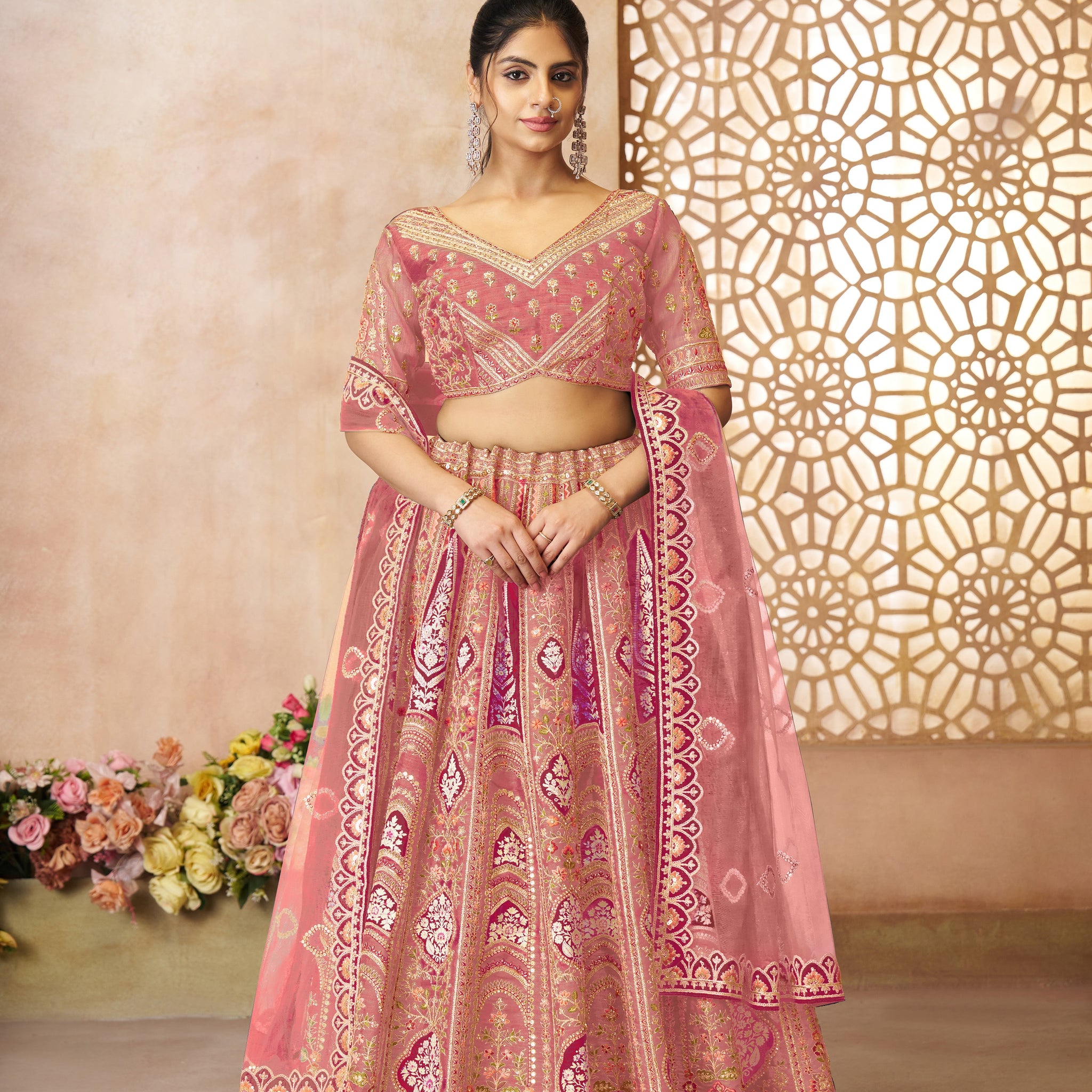 Pink Banarasi Aari Work Lehenga with Dupatta