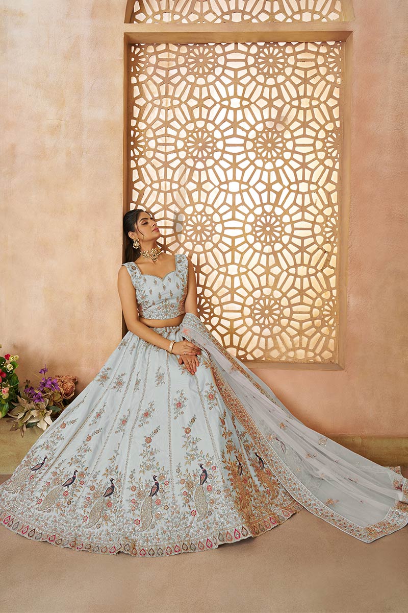Sky Blue Zari Silk Lehenga Choli with Sequins Work – Reception Wear