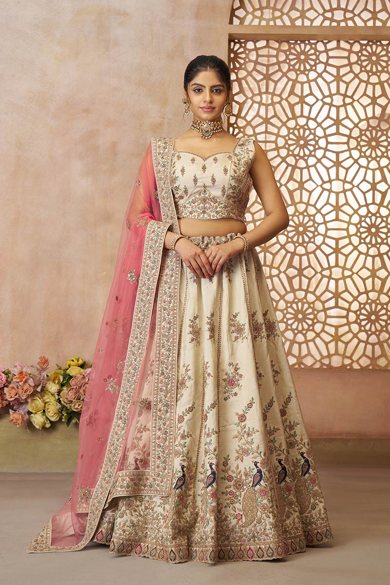 White Zari Silk Semi-Stitched Lehenga with Sequins & Thread Embroidery