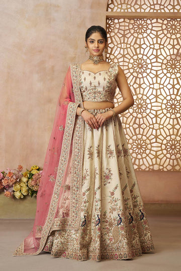 White Zari Silk Semi-Stitched Lehenga with Sequins & Thread Embroidery