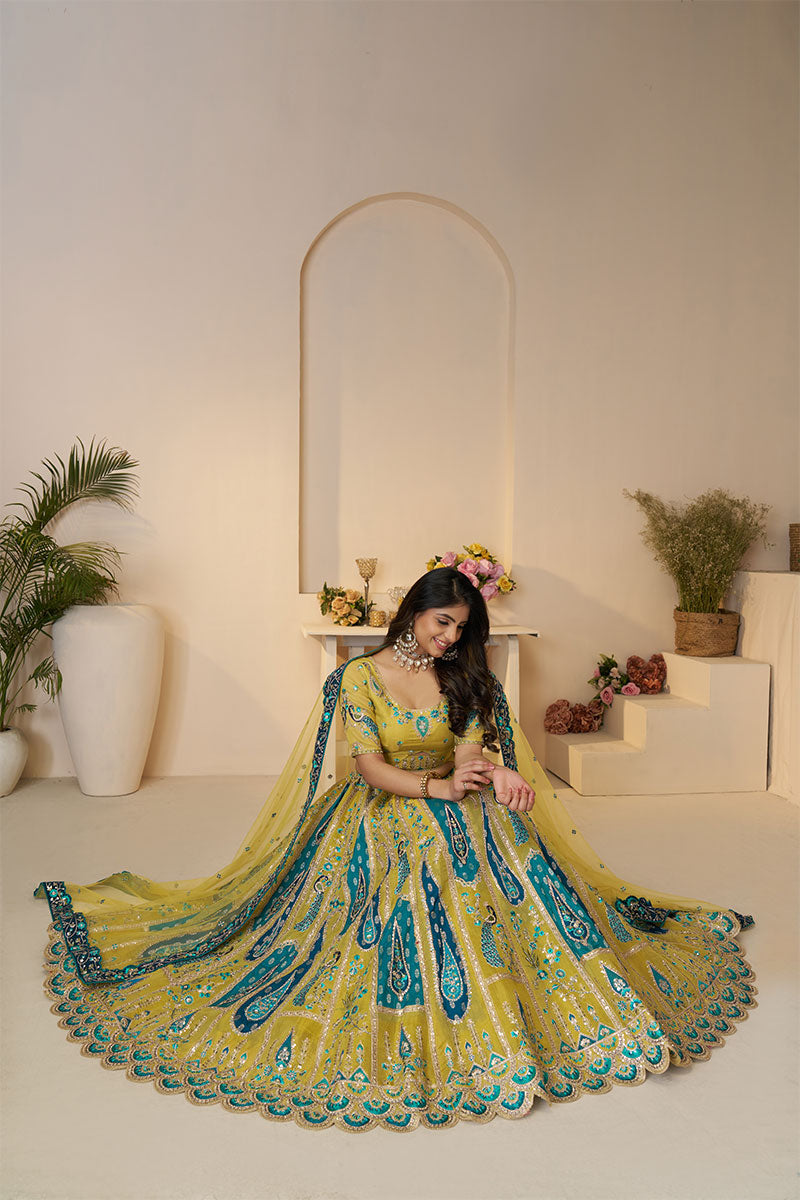 Elegant Yellow Banarasi Silk Lehenga Choli with Peacock Embroidery & Sequins