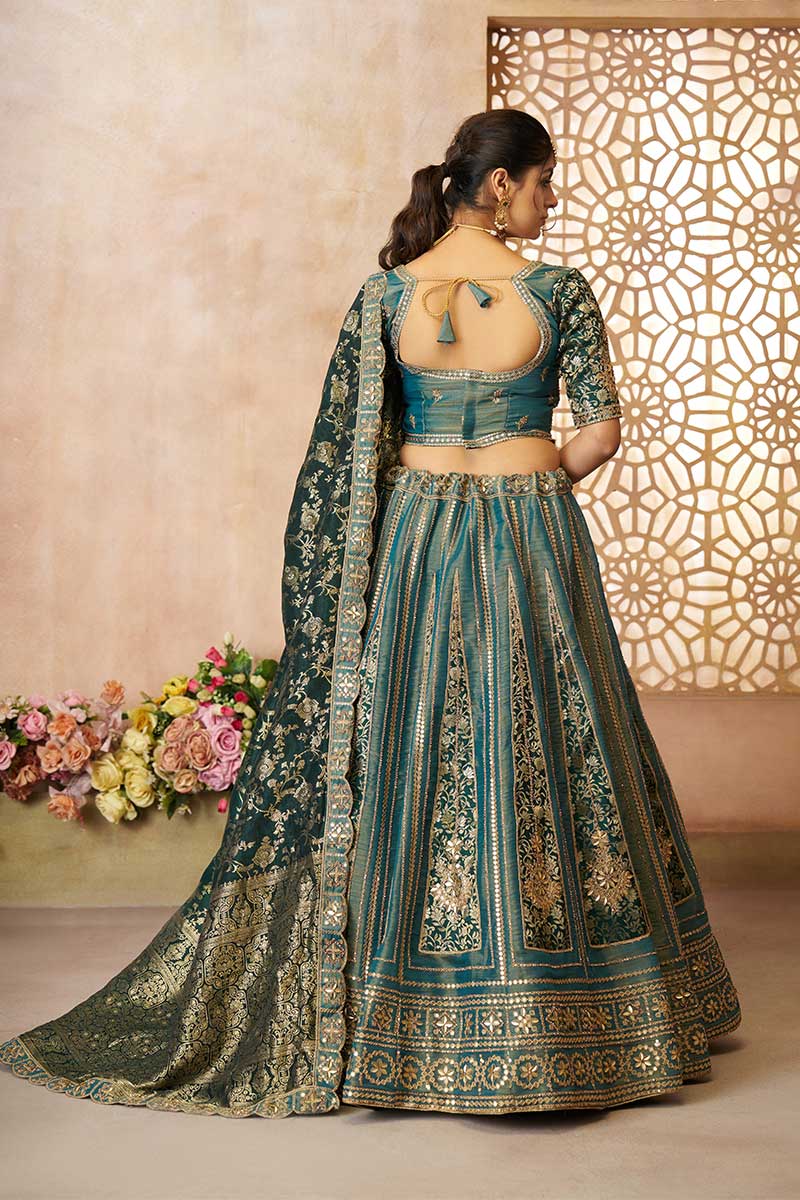 Regal Green Tissue Lehenga with Banarasi Patchwork & Intricate Zari Embroidery