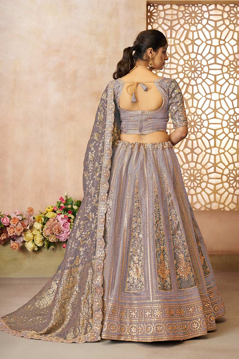 Onion Color Brocade bridal  Lehenga with Banarasi Patches & Zari Panel Work