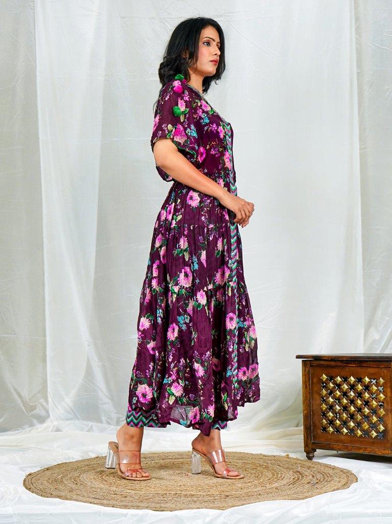Wine Color Chinnon Floral Printed Gown with Handwork, Pom-Pom Detailing