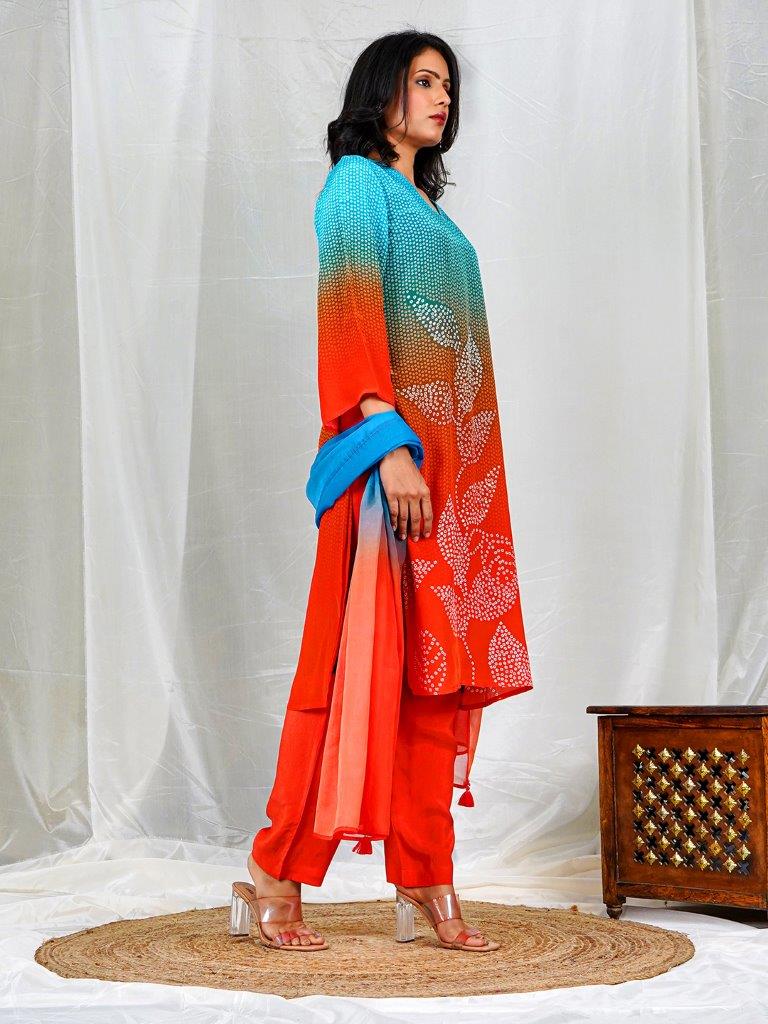 Blue & Red Ombre Bandhani Floral Print Natural Crepe Kurta Set with Hand Embellishments