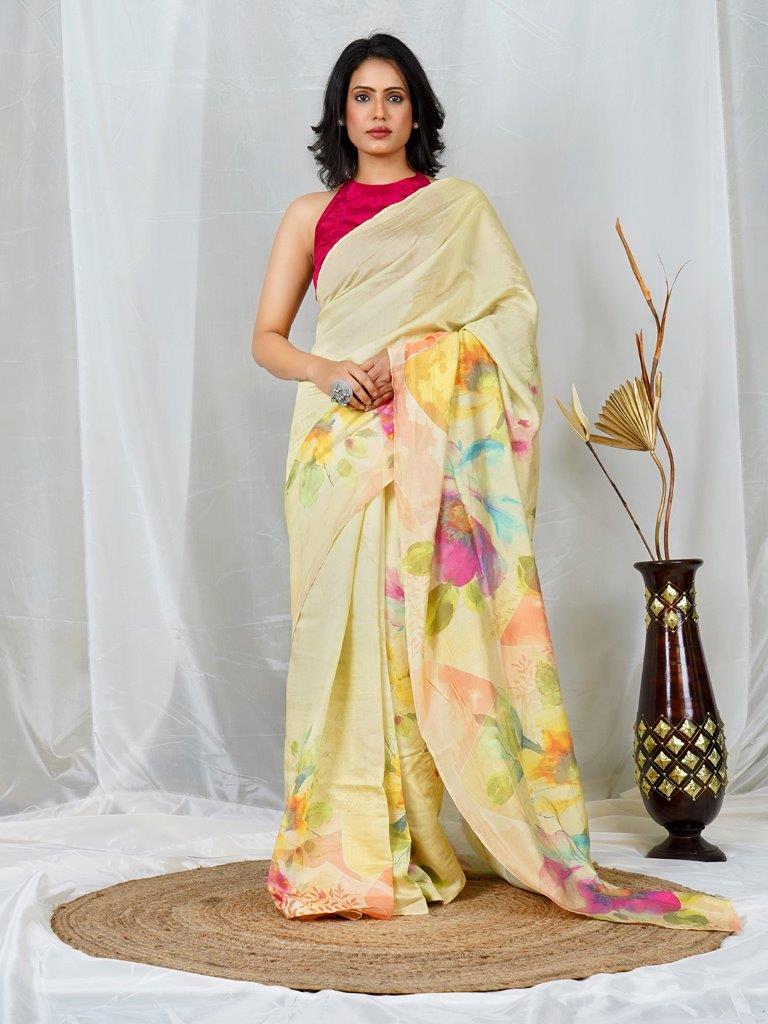 Elegant Multi Color Floral Print Natural Crepe Saree | Festive & Evening Wear
