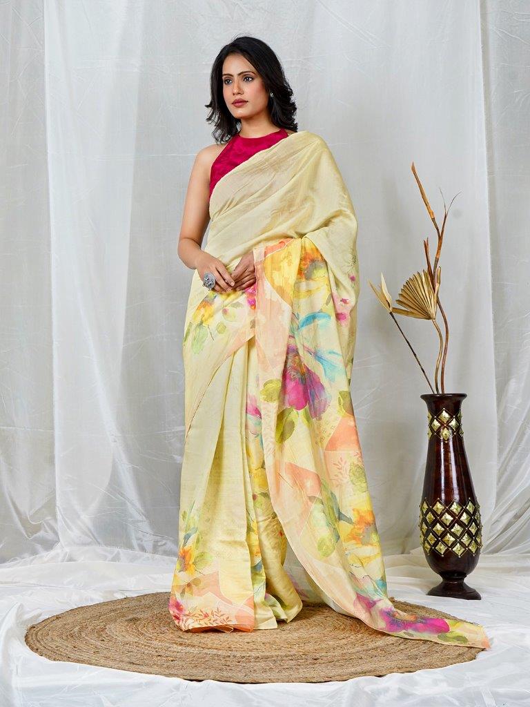 Elegant Multi Color Floral Print Natural Crepe Saree | Festive & Evening Wear