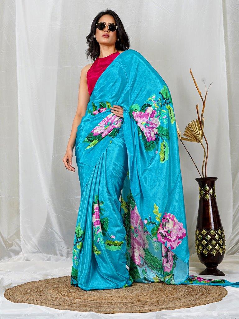 Sky Blue Multicolor Floral Print Natural Crepe Saree