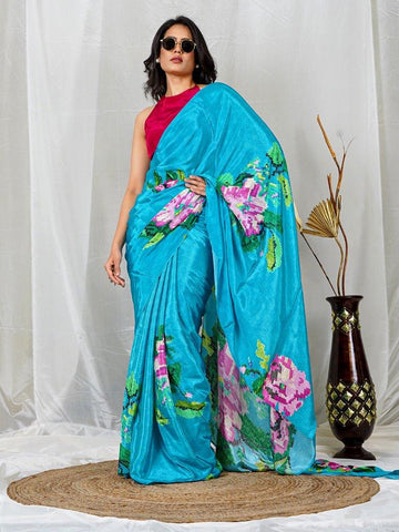 Sky Blue Multicolor Floral Print Natural Crepe Saree