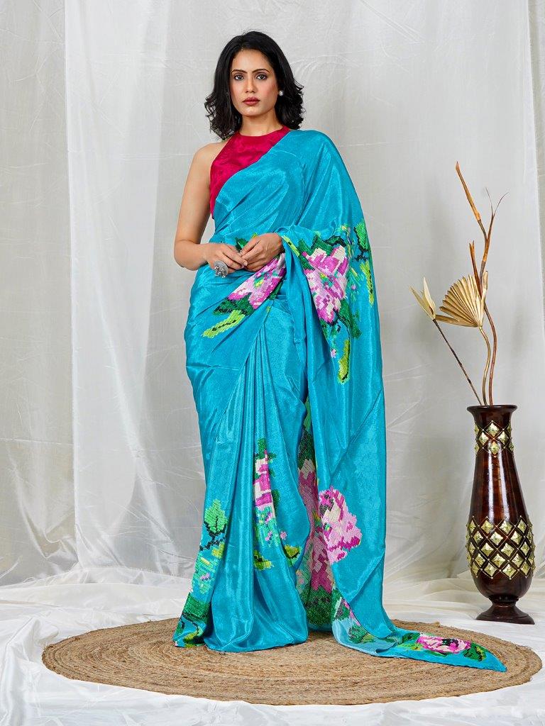 Sky Blue Multicolor Floral Print Natural Crepe Saree