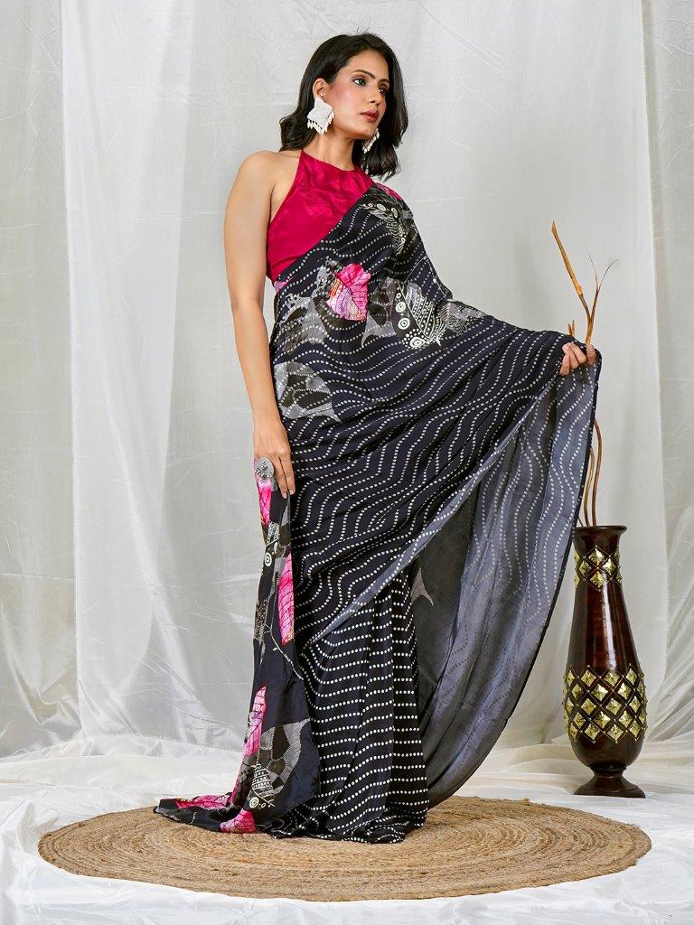 Black Multicolor Floral Print Natural Crepe Saree